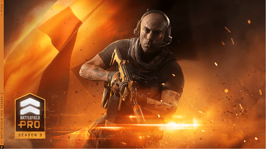Soldat mit Headset und Waffe vor feurig-orangem Schlachtfeldhintergrund.