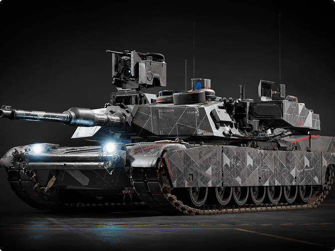 A tank with dark geometric patterns.