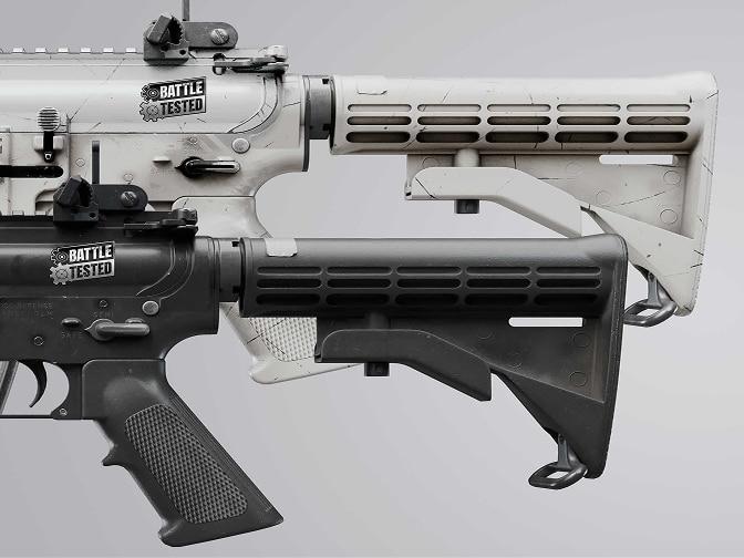 The back-half of two rifles, one white and one black.