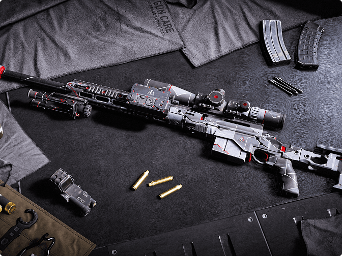 A sniper rifle surrounded by ammunition.