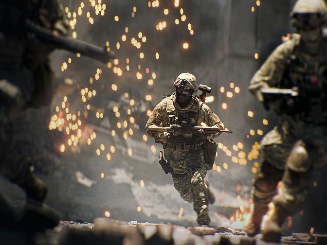 Soldiers running through sparks.