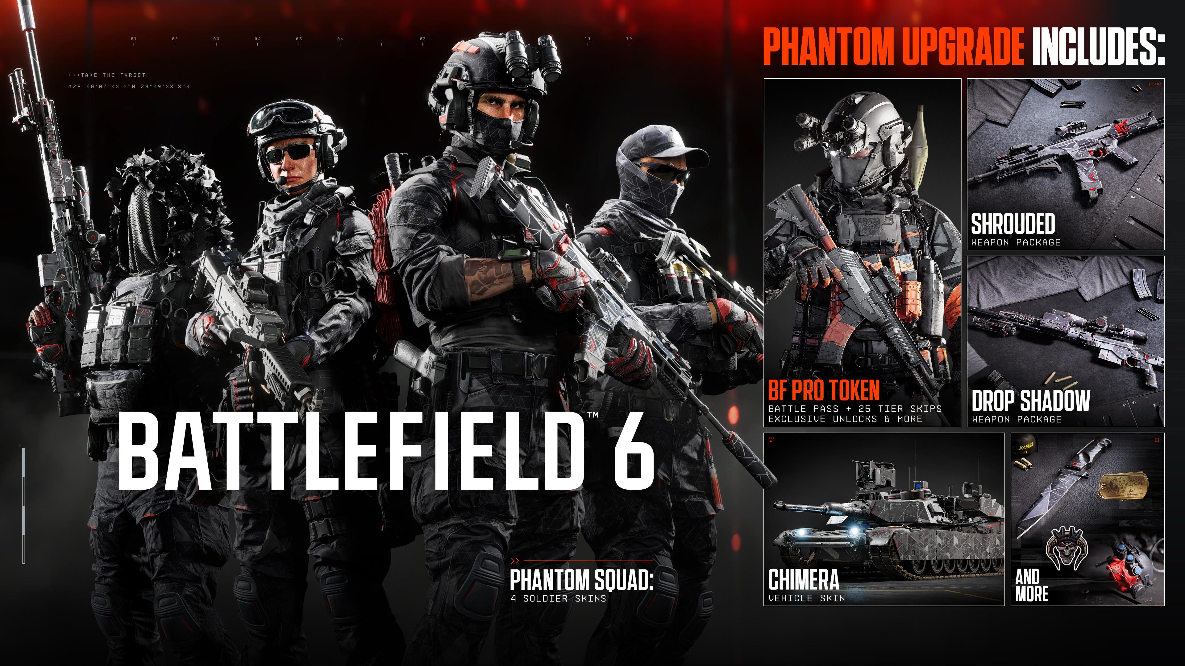 A collage featuring 4 soldiers holding weapons, a soldier skin with orange details, an assault rifle, sniper rifle, tank, combat knife, dog tag, and weapon charm.