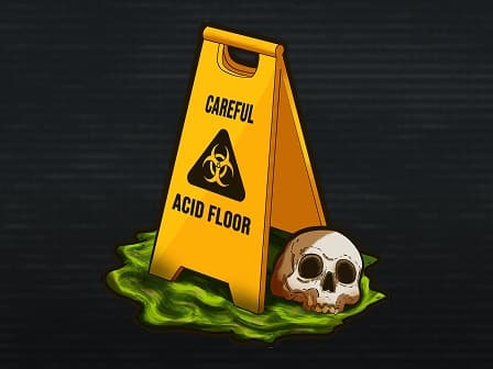 Cartoon caution sign reading “Acid Floor” beside a skull in glowing green liquid.