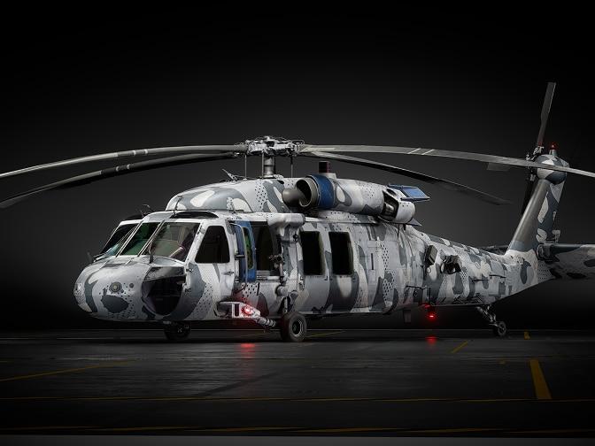 A gray camouflaged helicopter.