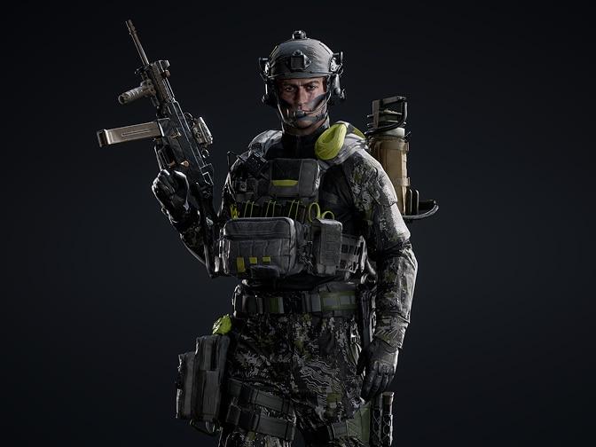 Armed support soldier in dark camouflaged gear with yellow details.