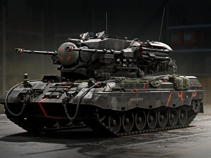 Czołg z pomarańczowymi detalami.