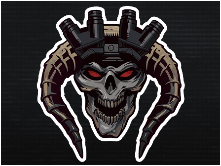 A skull with red eyes and horns.