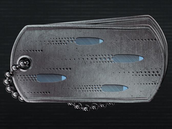 Silver dog tag with bullet etchings.