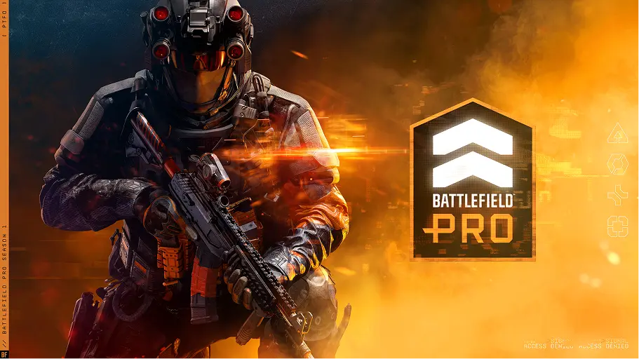 Uzbrojony żołnierz na ognistym, pomarańczowym tle z logiem Battlefield Pro.