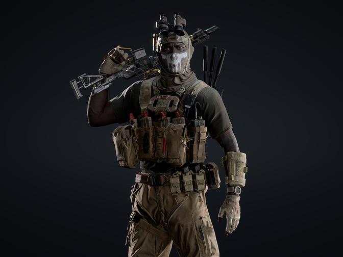 Armed recon soldier in camouflaged khaki gear.