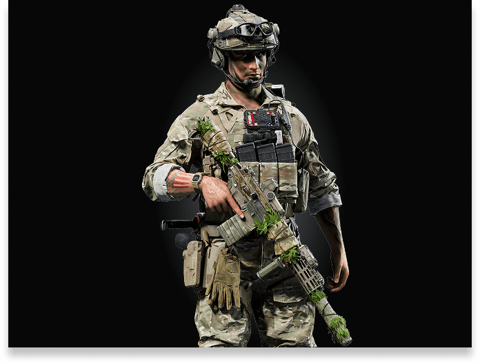 An Assault soldier in green camouflage holding a rifle.