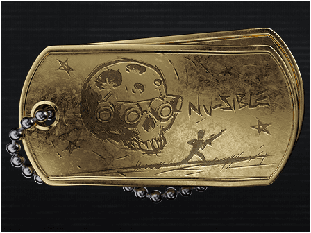 A gold dog tag etched with a skull in a night vision helmet.