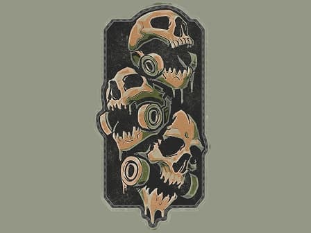 Sticker-style graphic of stacked skulls on a muted green background.