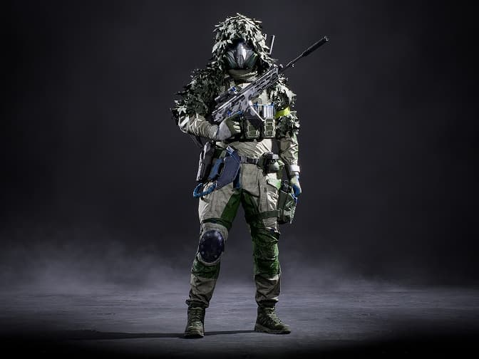 Full-body view of a camouflaged soldier in gas mask holding a rifle against a dark backdrop.