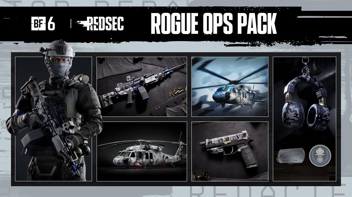 A collage featuring an Assault soldier skin, rifle, pistol, helicopter skin, player card, dog tag, and weapon charm.