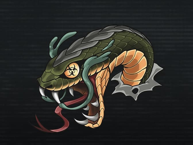 Stylized snake emblem with biohazard symbol eye and exposed fangs on a dark background.
