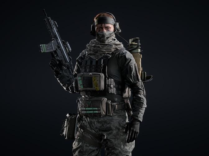 Armed support soldier in dark camouflaged gear.