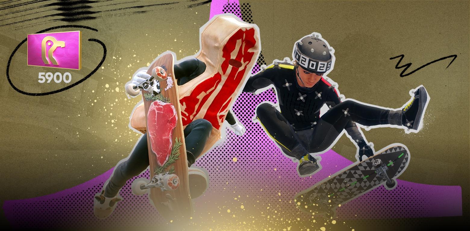 A person in a meat costume and another wears a black helmet.