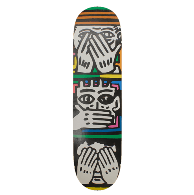 A skateboard deck featuring three colorful faces in a vertical layout, each covering its eyes, mouth, or ears.
