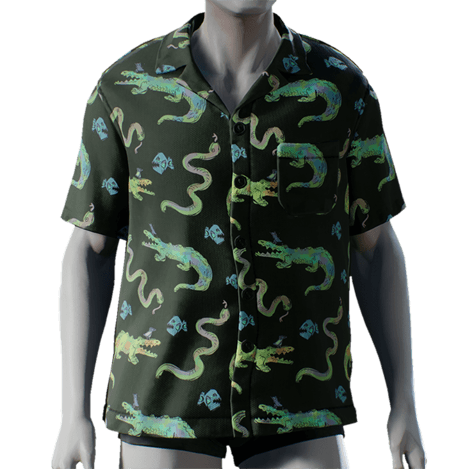 A short-sleeve button-up shirt with a dark green background, featuring a colorful pattern of green and blue crocodiles, pink snakes, and small blue birds.