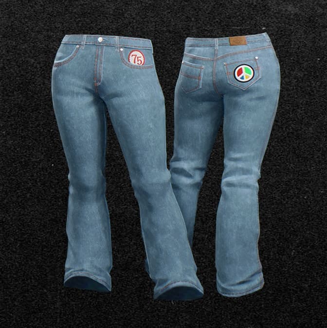 Light wash flared jeans shown front and back with stitched patches.