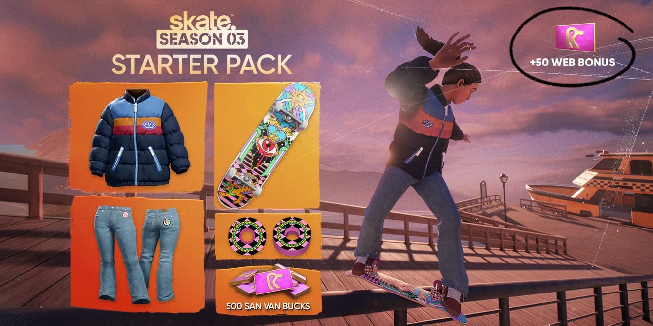 Skate Season 3 Starter Pack featuring jacket, jeans, skateboard deck, wheels, and 500 San Van Bucks, with skater on a pier at sunset.