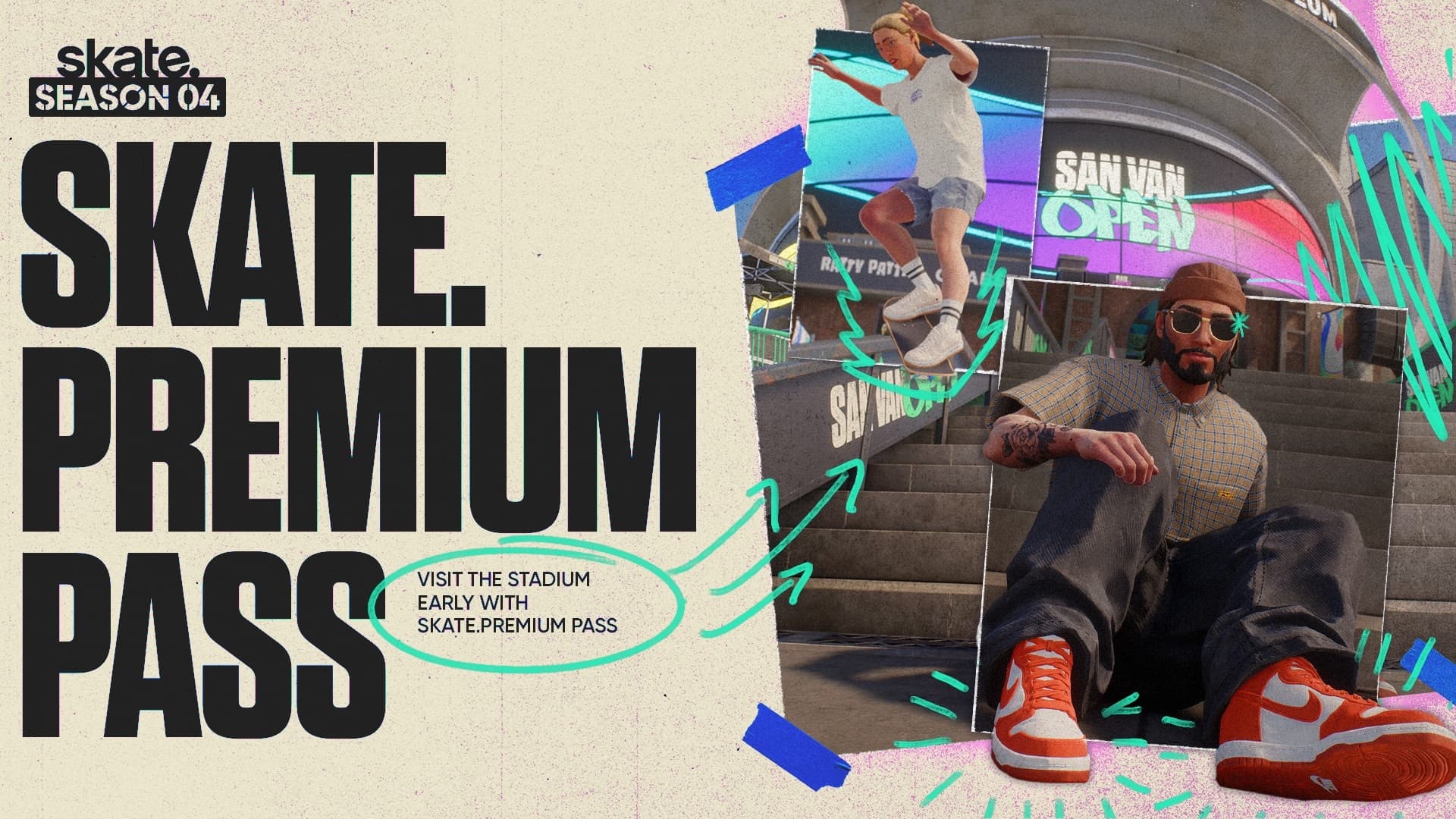 skate. Colagem promocional do Passe Premium da Temporada 4 com personagens skatistas do jogo