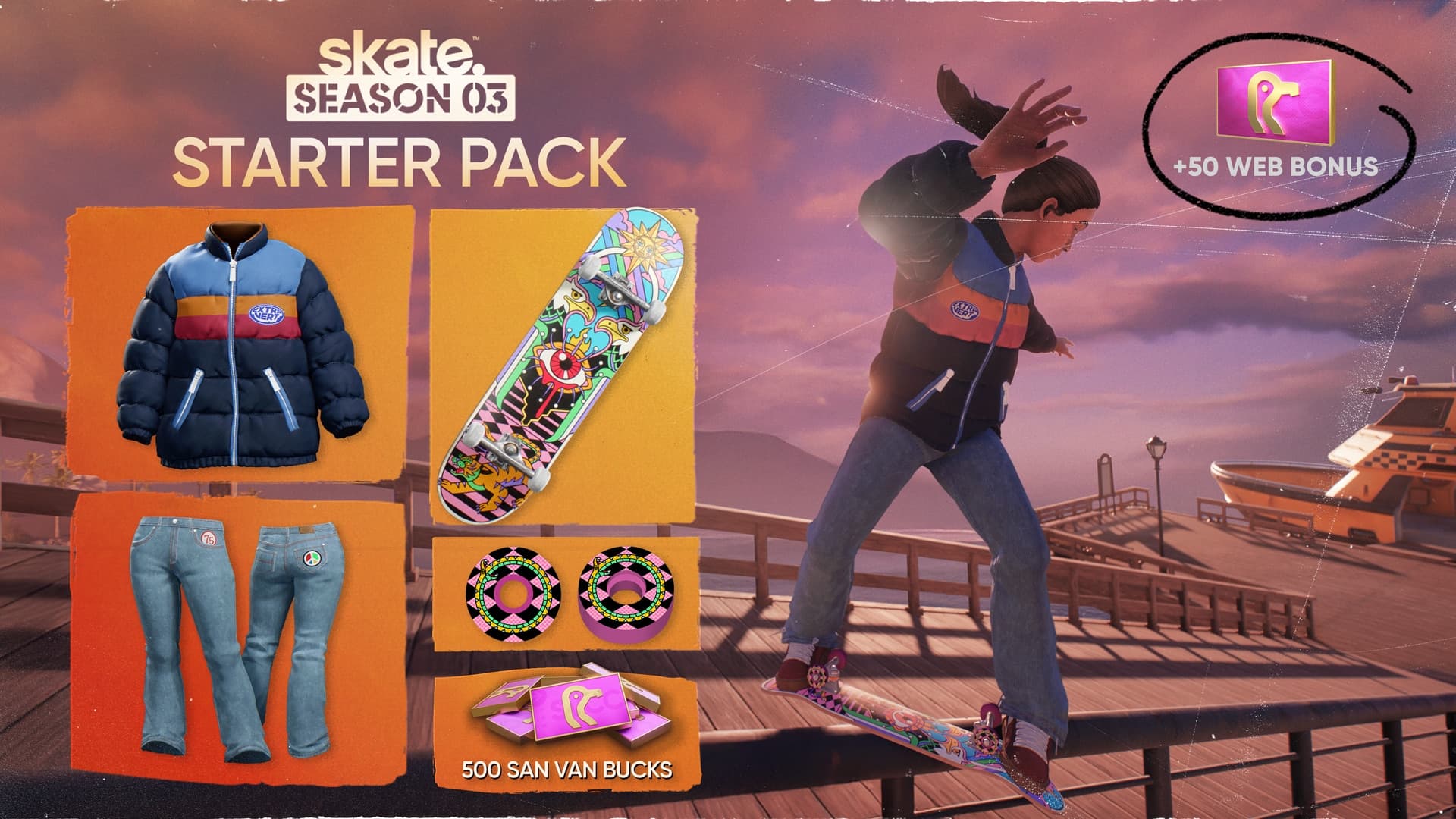 极速滑板第 3 赛季初学者包,内含夹克、牛仔裤、滑板板面、滑板轮以及 500 圣范特丹币,图片中有一位滑手站在日落时分的码头上。