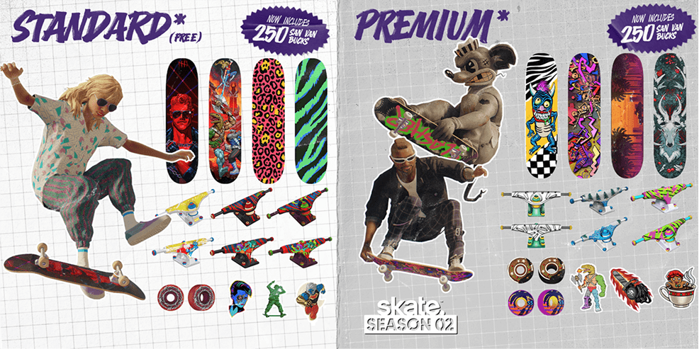 A comparison of "Standard" and "Premium" skate.Pass tracks side by side. Both include skateboard decks with colorful designs, trucks, stickers, clothing and wheels. Each track comes with 250 San Van Bucks for Season 2.