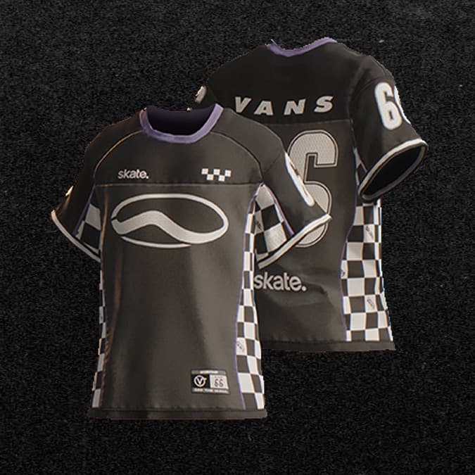 Front and back view of a black jersey with purple collar, white logo on chest, number 63 on back, and checkered side panels.