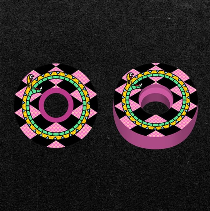 Pink skateboard wheels with black and green snake pattern graphic.