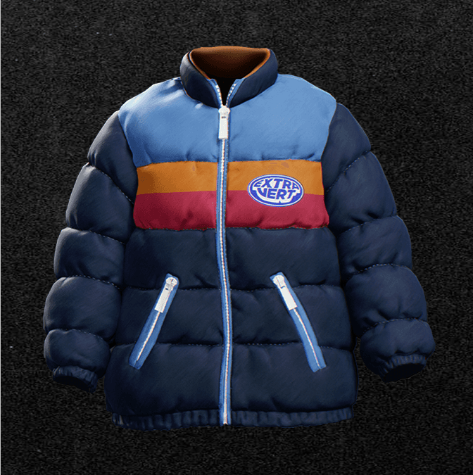 Blue puffer jacket with red and yellow stripe detail and front zip pockets.