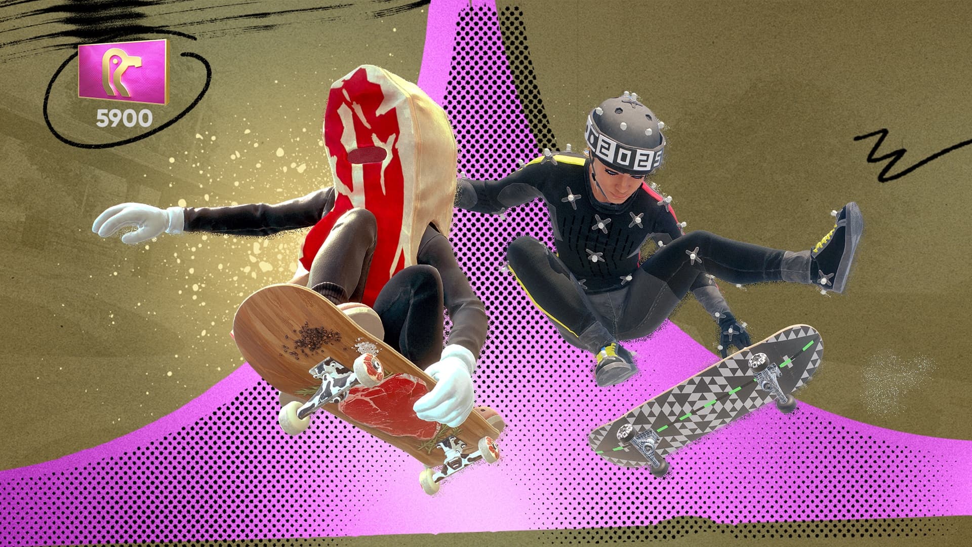 豪华版创始元老包: 一个身穿夹克衫的人,夹克上的图案是一只白鸟。另一个人穿着鲜肉质感的衣服。第三个人戴着黑色头盔。