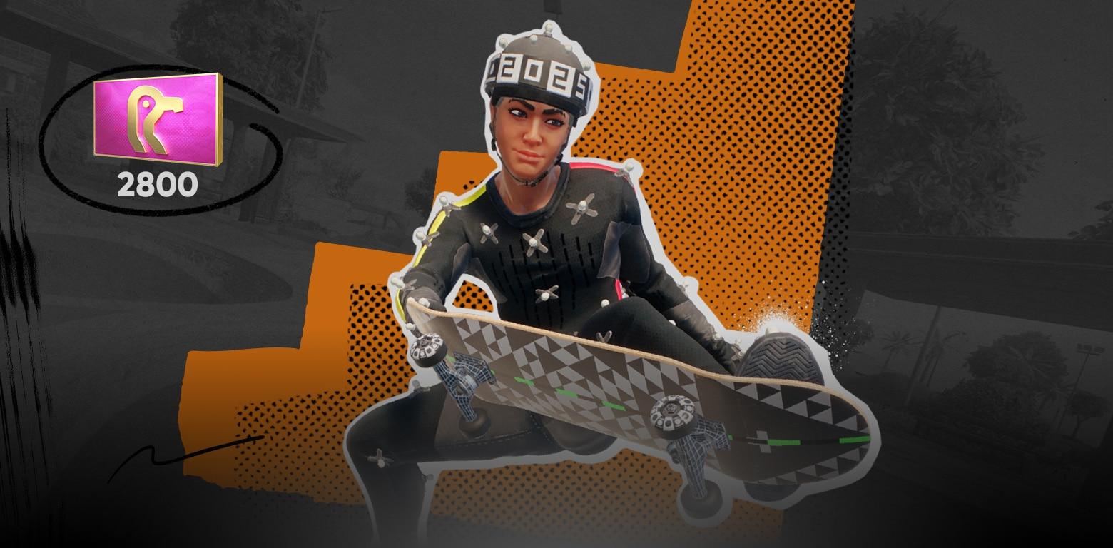 A person in a mocap outfit rides a skateboard with a triangle design.