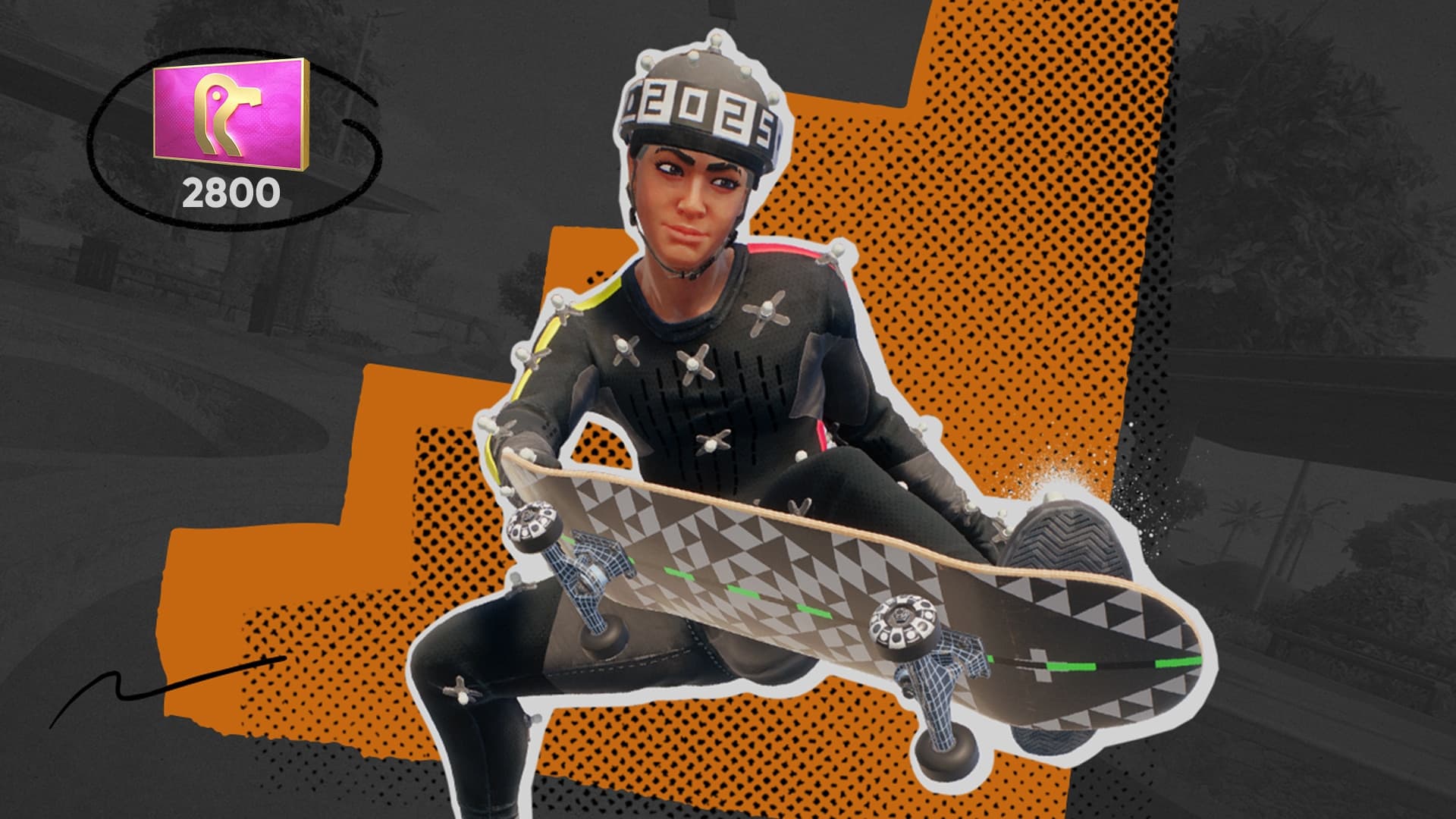 一个穿着动作捕捉服装的人使用一块带有三角形图案的滑板滑行。