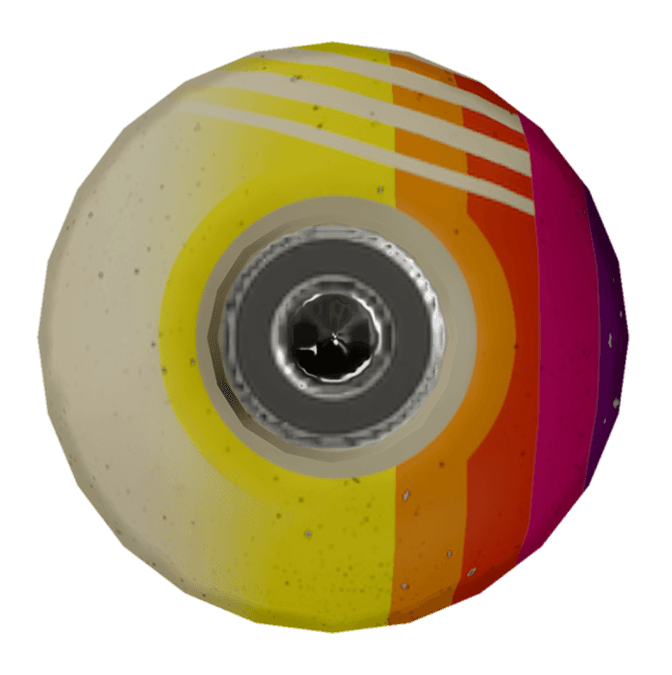 A wheel with a gradient of yellow to pink, featuring a speckled texture and parallel white lines.