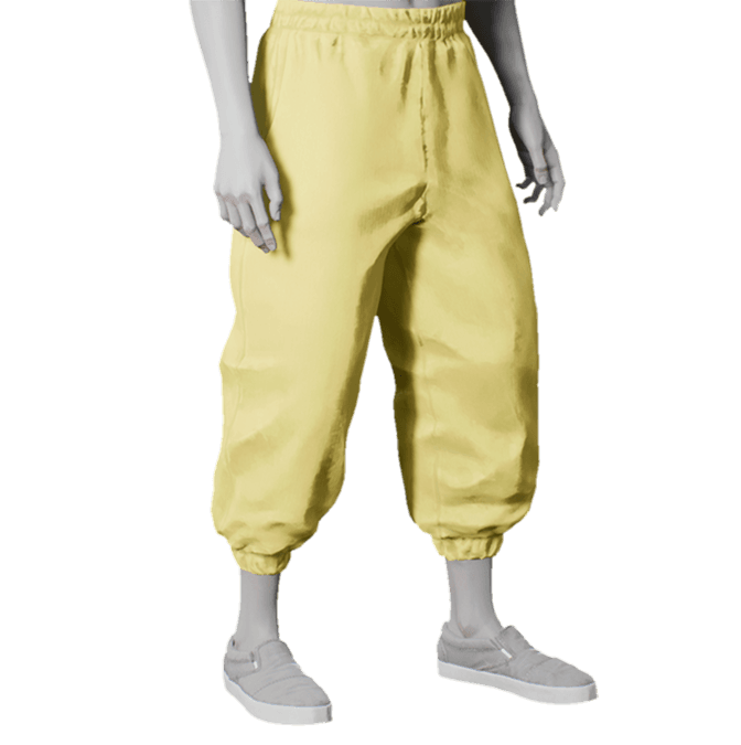 Loose, bright yellow pants with an elastic waistband and cuffs.
