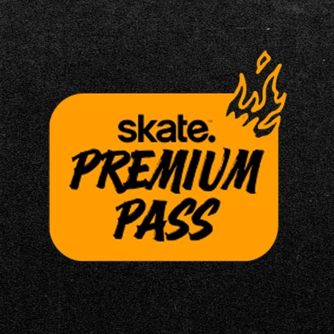 Orange Skate. Premium Pass badge with flame graphic on black background